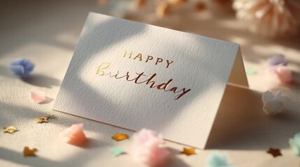 Happy birthday card on cozy table surrounded by petals and soft light