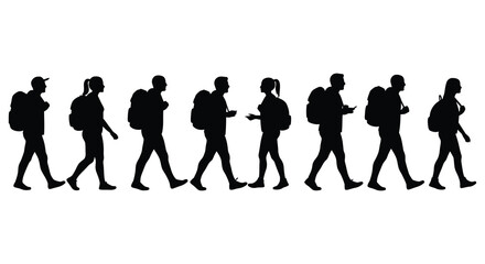 Silhouette of Group of Hikers with Backpacks Walking in a Row on White. vector Silhouette design