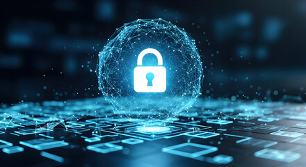 Digital Padlock Security Symbol on Interconnected Dots Sphere and Circuit Board Pattern in Blue