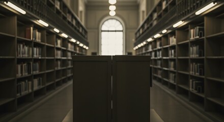 Lush library aisle with symmetrically aligned bookshelves and a grand archway window bathed in soft natural light illuminating a central counter space representing knowledge and learning
