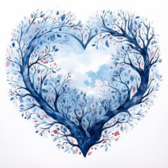 Winter heart artwork showcasing delicate blue trees and blossoms created in watercolor style highlighting seasonal beauty