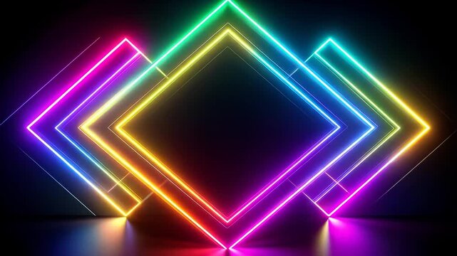 Colorful neon light rectangles are stacked, angled on a dark backdrop with faint reflections