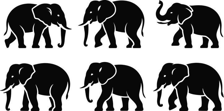 Collection of six black silhouette elephants in various poses on a white background - Powered by Adobe