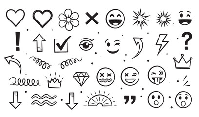 Collection of hand drawn doodle icons including arrows emojis hearts and other illustrations