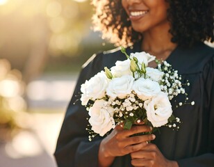 Smiling graduate holding a beautiful white rose bouquet on graduation day celebration