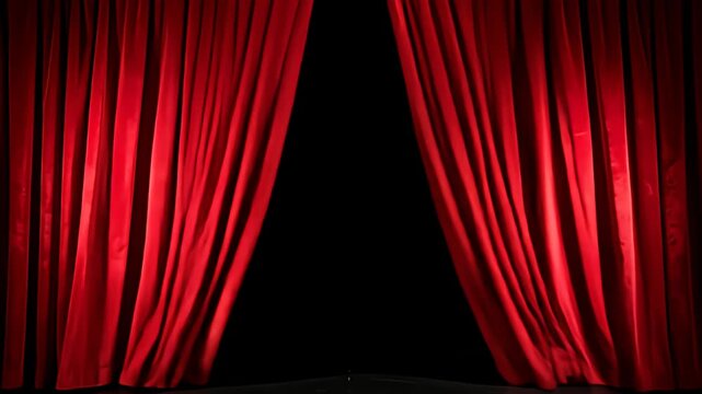 Red velvet curtains partially open, revealing a dark background. Soft lighting on fabric