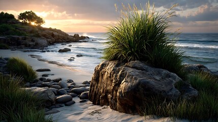 Sunset illuminating sea grass and smooth stones on a peaceful coastal strip.