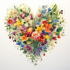 Vibrant watercolor heart adorned with sunflowers and colorful blooms celebrating summer's joy and warmth