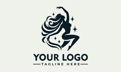 Silhouette of a woman dancing with flowing hair and stars around her, logo design.