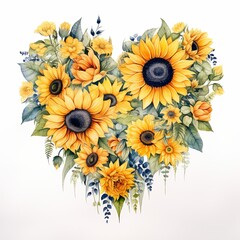 Bright summer heart adorned with vibrant sunflowers in a watercolor style