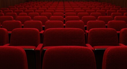 Fototapeta premium Red velvet cinema seats rows empty theater auditorium. Movie hall interior comfortable chairs entertainment venue. Film screening concept cultural events banner