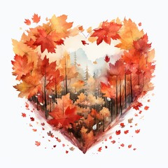 Beautiful autumn heart design created with vibrant watercolor leaves in a vivid forest setting