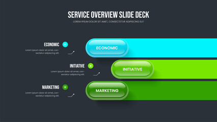 Company Performance Presentation Design Vector Illustration. Visual Development Three Element Infographic Slideshow Layout. Modern Introduction 3 Step Diagram Slide Template.