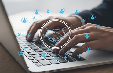 Hands typing on a laptop with a network of people icons surrounding them