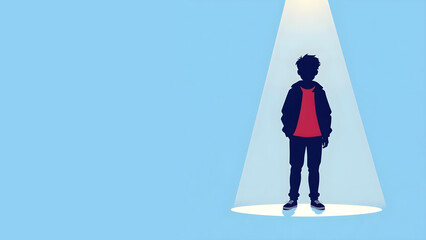 SIlhouette of a lonely little boy in the spotlight