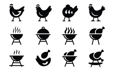 Vector art of collection of black and white vector icons of chicken and barbecue isolated on white background