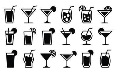 Vector art of collection of black and white vector icons of cocktails and drinks isolated on white background