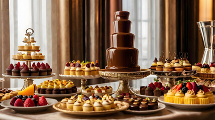 Luxury Dessert Table with Chocolate Fountain and Elegant Mini Cakes