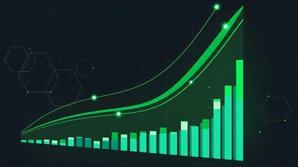 Naklejka premium Financial growth chart with an upward-trending line and glowing green bars, symbolizing business success, data analytics, and positive progress.
