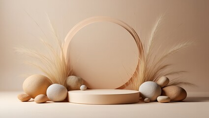 Minimal product podium with stones and grass decoration on a neutral background