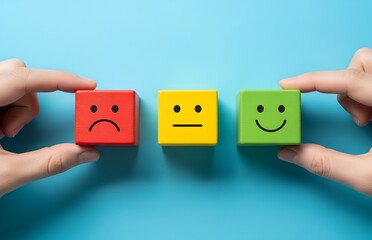 Hands holding blocks with different facial expressions showing customer satisfaction levels