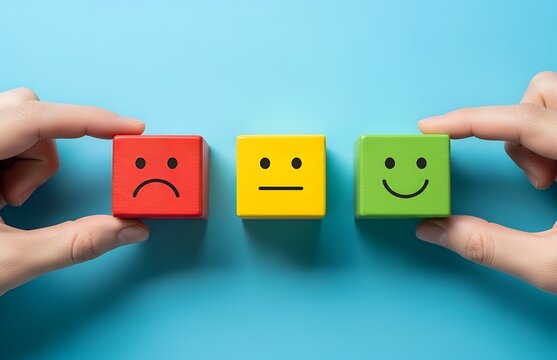 Hands holding blocks with different facial expressions showing customer satisfaction levels