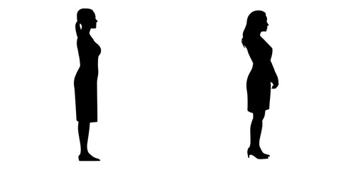 Fototapeta premium The concept of a human, lady, or female figure is depicted through a modern illustration of a black silhouette of a woman standing in profile, isolated on a white background, frequently used in