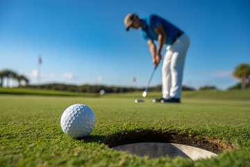 A golf scene with a golfer in the background preparing to putt, while a golf ball is positioned near the hole in the foreground on a lush green. The background features a clear blue sky.