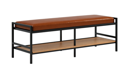 Brown leather-topped bench with lower shelf, supported by black metal frame