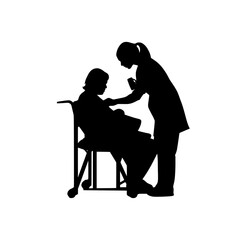 A nurse assisting a patient is depicted in a modern isolated silhouette on white