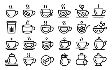 Vector art of collection of tea and coffee cup outlines isolated on white background