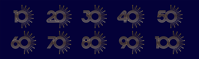 Set of collection numbers 10 to 100 with fireworks vector illustration. Fireworks with numbers 10, 20, 30, 40, 50, 60, 70, 80, 90, 100 for greetings, anniversary, discounts and more.