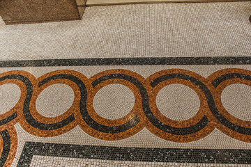 Detailed View of Vintage Terracotta and Black Marble Roman Style Floor Mosaic