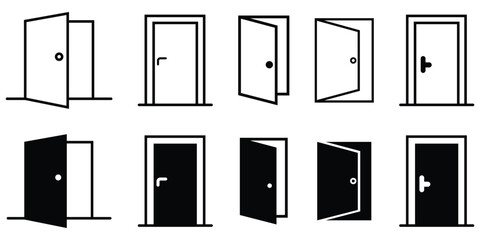 Open and close door icon set. Interior or office doors. Simple vector icon door. Architectural kit of icons for interior project. Vector illustration.