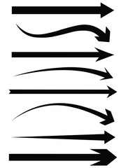 Fototapeta premium Set of black curved and straight arrows in various directions. Long line arrow vector. Semicircular curved long arrow vector icon. Black simple symbol for measuring. Vector illustration.