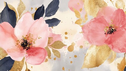 A vibrant floral artwork featuring pink flowers with golden accents and soft, abstract backgrounds.