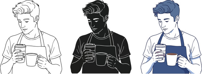 Three artistic depictions of a man holding a coffee cup