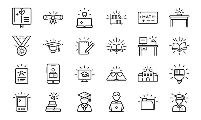 A comprehensive set of 24 black and white line icons representing diverse concepts such as business strategy, education, customer service, and daily life activities.