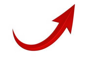 Shiny red arrow curving upwards on a transparent background, symbolizing growth, progress, and positive momentum