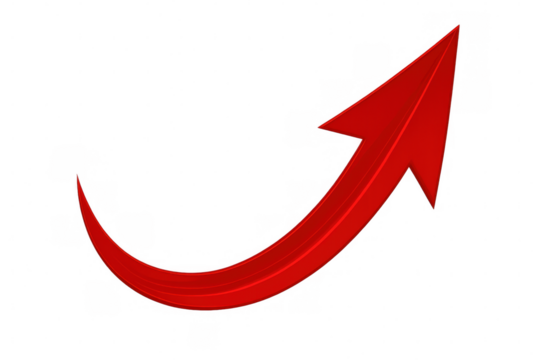 Shiny red arrow curving upwards on a transparent background, symbolizing growth, progress, and positive momentum