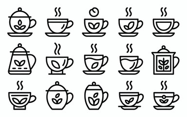 Vector art of collection of tea and coffee cups with steam in line art isolated on white background