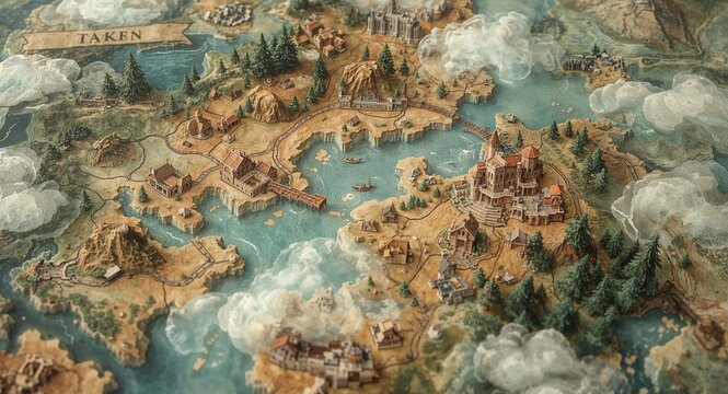 Intricate 3D Fantasy Map with Medieval Castles Coastal Towns & Forests - Miniature World Diorama