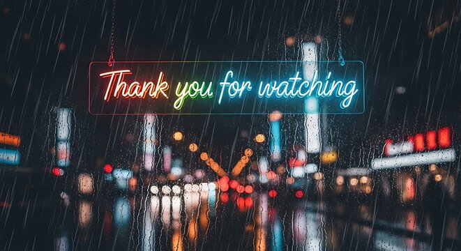 Rainy Night City View Through Window with Thank You Neon Sign