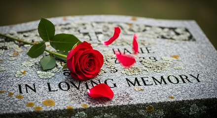 A red rose and petals on a weathered headstone with 'IN LOVING MEMORY' inscription, celebrating Krishna janmashtami in a somber mood.