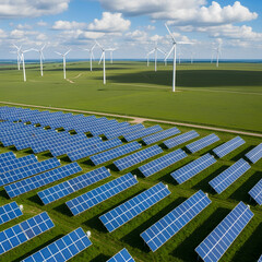 Aerial view of a solar panel farm and wind turbines in a green field under a blue sky with white clouds.