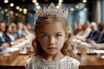Young girl in sparkling dress and crown attending a formal meeting in a modern conference room