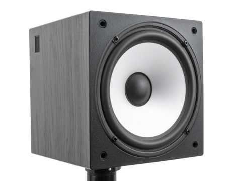 A compact speaker with a sleek design, featuring a prominent circular driver and a textured exterior.