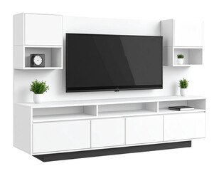 Wall-mounted media unit, white lacquer finish, transparent background 