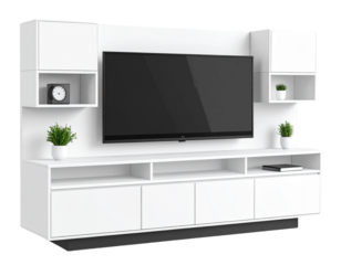 Wall-mounted media unit, white lacquer finish, transparent background 