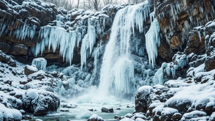 Fototapeta premium Frozen Cascade, Majestic Winter Landscape
